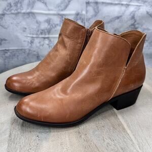 Lucky Brand Banterr Tan Leather Ankle Boots Women’s 7 Block Heel Western Bootie
